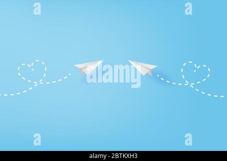 White paper airplanes flying heart concept on blue sky.Creative design paper cut and craft style business success and leadership idea.Minimal decorati Stock Vector
