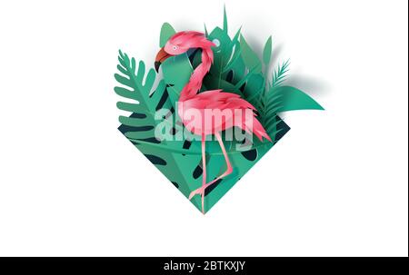 Sale Summer frame banner with pink color flamingo on tropical leaf exotic background,Minimal simple design for card.Creative design Paper cut and craf Stock Vector