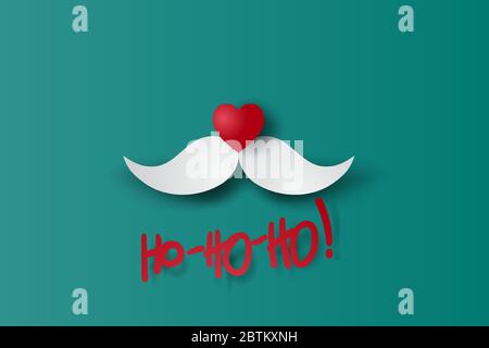 Merry Christmas and Happy New Year Typographic HO! on red Background. Santa Claus hipster beard and Heart nose with card.Vintage calligraphic minimal Stock Vector