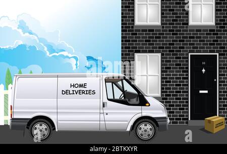 Express delivery parcel being delivered by courier van and left outside property Stock Photo