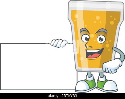 Mug of beer cartoon drawing Thumbs up holding a white board Stock Vector