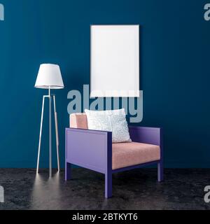 Modern classic blue interior, with velvet blue wall , chair in purple color  and floor lamp, Mock up. 