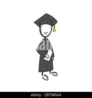 Happy school graduate in square hat with diploma. College raduation ceremony, final exams, degree certificate. Hand drawn. Stickman cartoon. Doodle Stock Vector