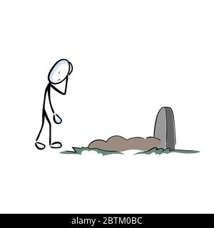 Burial on the graveyard, cemetery. Visiting grave for remembrance. RIP. Hand drawn. Stickman cartoon. Doodle sketch, Vector graphic illustration Stock Vector