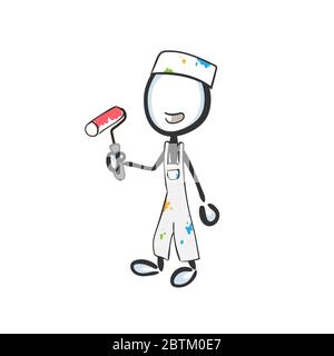 Painter, decorator with a roller. Interior design painting profession. Hand drawn. Stickman cartoon. Doodle sketch, Vector graphic illustration piante Stock Vector