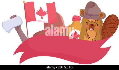 Beaver with canadian flag and icons design, Happy canada day holiday and national theme Vector illustration Stock Vector