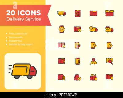 20 Delivery Service icons set with outline style filled yellow and orange color modern flat design vector illustration Stock Photo