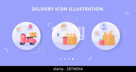 Delivery icon set collection with flat style full color modern flat cartoon design with motor bike vector illustration Stock Photo