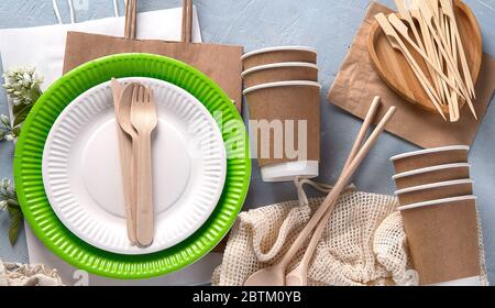 Natural eco-friendly utensils  on grey background. Sustainable lifestyle. Plastic free concept. Recycling and zero waste  concept Stock Photo