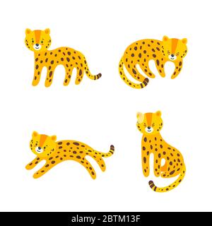 Set of four cute leopards. Nice animal character for various prints and designs. Vector illustration in flat style Stock Vector