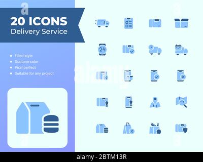 20 Delivery Service icons set with filled style duo tone blue and purple color modern flat design vector illustration Stock Photo