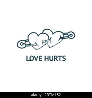 Two hearts pierced by safety pin. Doodle vector illustration about love that hurts. Black and white print for various designs Stock Vector