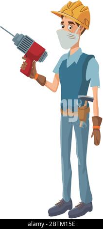 builder using medical mask with drill Stock Vector