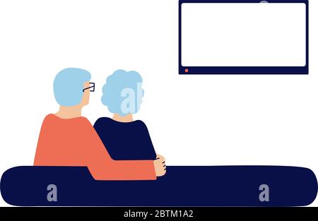 Happy senior couple sitting on couch hugging, watching TV at home. Elderly man, woman. Grandparents relax, spend time together. Back view. Vector Stock Vector
