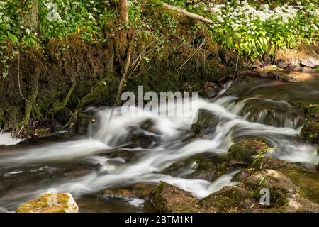 Small waterfall on the River Alyn at Maeshafn, North wales Stock Photo