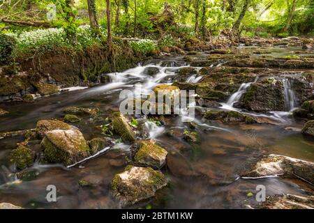 Small waterfall on the River Alyn at Maeshafn, North wales Stock Photo