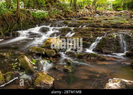 Small waterfall on the River Alyn at Maeshafn, North wales Stock Photo