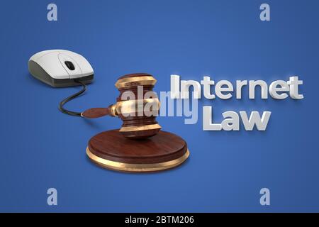Digital internet law concept with mouse and gavel connection on blue isolated background.3D illustration Stock Photo