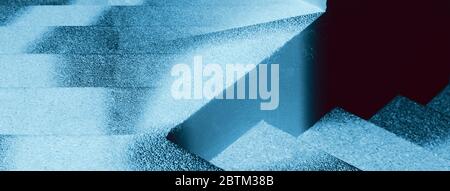 glowing blue black stone staircase architecture perspective geometric angle abstract banner background Stock Photo