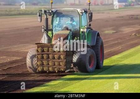 Turf Growers in Tarleton, Lancashire.  Uk Weather 27th May, 2020.  UK Weather; Fine dry dusty conditions for harvesting turf in Tarleton.  In early summer turf harvested has a really short life and is therefore cut to order.  Once it’s been harvested by the turf grower, rolled up and stacked on the pallet there is a limited amount of time to get it into its new position. May has been a dry month with only 24% of the normal rainfall. Credit: MediaWorldImages/AlamyLiveNewsCredit: Stock Photo