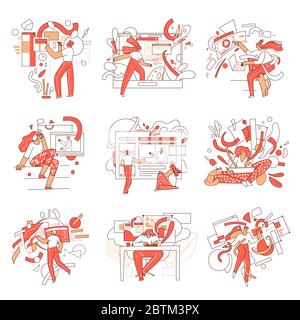 Vector set of online education illustrations with man and woman characters and abstract elements. Distance learning concept in creative, business Stock Vector