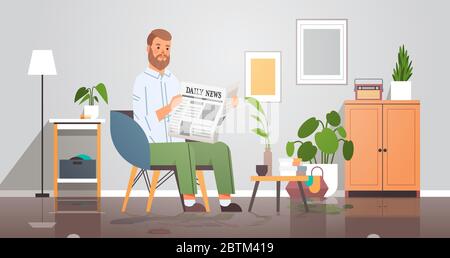 man holding newspaper reading daily news press mass media concept businessman sitting on armchair living room interior horizontal full length vector illustration Stock Vector