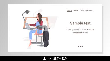 girl engineer or designer sitting at workplace using laptop modern architect office with adjustable drawing desk horizontal full length copy space vector illustration Stock Vector