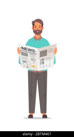 man holding newspaper reading daily news press mass media concept full length vertical vector illustration Stock Vector