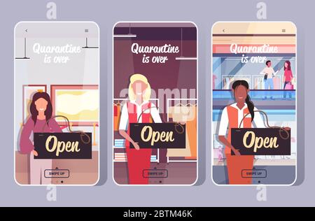 set people holding open sign board coronavirus quarantine is ending victory over covid-19 concept smartphone screens collection mobile app copy space horizontal vector illustration Stock Vector