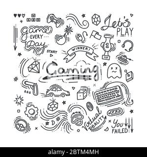 Gaming doodle set. Virtual reality, computers, game genres and related objects. Vector illustration Stock Vector