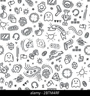 Seamless pattern of gaming objects. Virtual reality, computers, game genres and related stuff. Vector illustration in doodle style Stock Vector