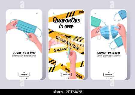 set covid-19 virus pandemic is over coronavirus quarantine ending smartphone screens collection mobile app copy space horizontal vector illustration Stock Vector