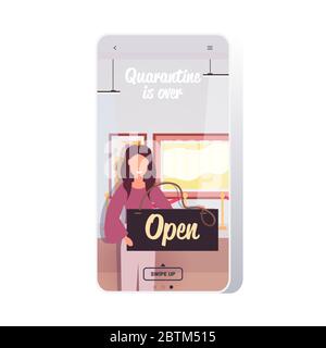 museum guide holding open sign board coronavirus quarantine is ending victory over covid-19 concept art gallery interior smartphone screen mobile app copy space vector illustration Stock Vector