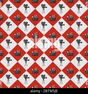 Cinema seamless pattern. Wallpaper with movie camera and clapboard. Stock Vector