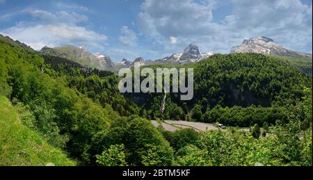 a Panorama of the village of Gourette in the French Pyrenees. Stock Photo