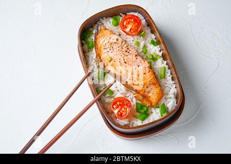Japanese style lunch bento box. Take away or food delivery concept. Stock Photo
