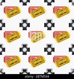 Cinema seamless pattern. Wallpaper spotlight, projector and film ticket. Stock Vector