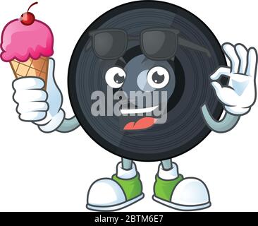 Happy face of music viynl disc cartoon mascot having an ice cream Stock Vector