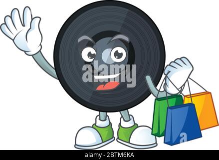Happy rich music viynl disc Caricature picture with shopping bags Stock Vector