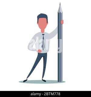 Guy holding big pencil flat vector illustration. Office worker in casual clothes. Stock Vector