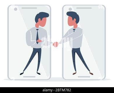 Online agreement concept background. Handshake after successful negotiations. Businesspeople on smartphones screen. Male characters and elements in Stock Vector