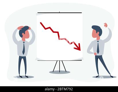 Shocked man in a suit watch on the board with a declining arrow. Falling indicator of economic prosperity. Stock Vector