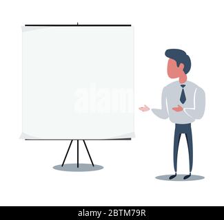 Handsome manager in formal suit holding a blank sheet and pointing to it. Template for your text. Cartoon character - cute businessman. Stock Vector