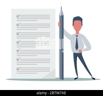 Happy businessman holding a pencil standing at completed checklist on clipboard. Stock Vector