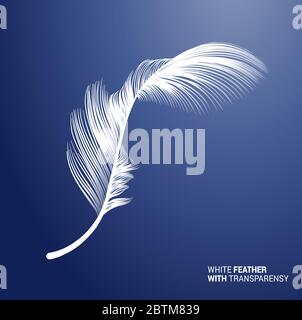 White fluffy feather, vector isolated realistic quill on blue background. Goose or swan bird feather symbol with detailed plumage texture, decoration element, softness symbol, concept design Stock Vector