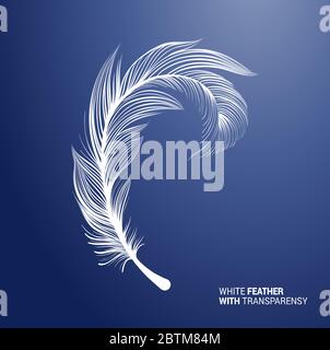 White fluffy feather, vector isolated realistic quill on blue background. Goose or swan bird feather symbol with detailed plumage texture, decoration element, softness symbol, concept design Stock Vector