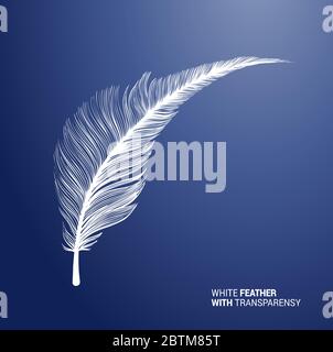 White fluffy feather, vector isolated realistic quill on blue background. Goose or swan bird feather symbol with detailed plumage texture, decoration element, softness symbol, concept design Stock Vector