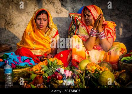 kathmandu,Nepal - November 1,2019: Nepali Hindu Women with traditional dress up during Chhath Puja Festival Celebration in Kathmandu. Stock Photo