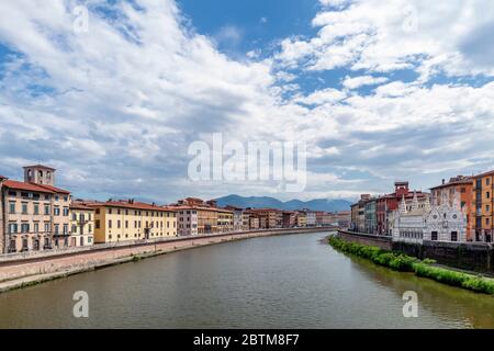 Beautiful view of the Lungarni of Pisa, Italy, of the historic center with the Church of Santa Maria della Spina from the Solferino bridge Stock Photo