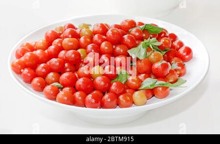 Cherry tomatoes in plates, on white background. Stock Photo